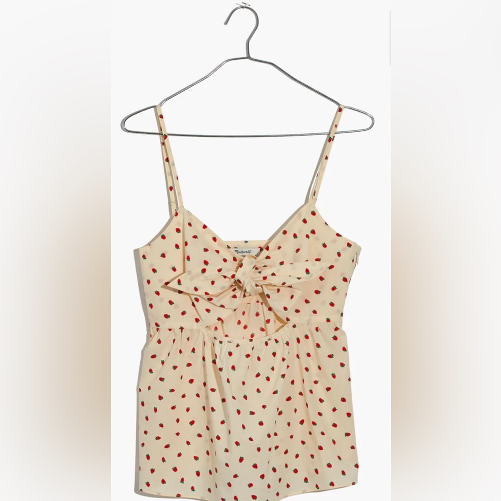 Tie-Front Keyhole Cami Top in Fresh  Strawberry Print Cream Dress size 2